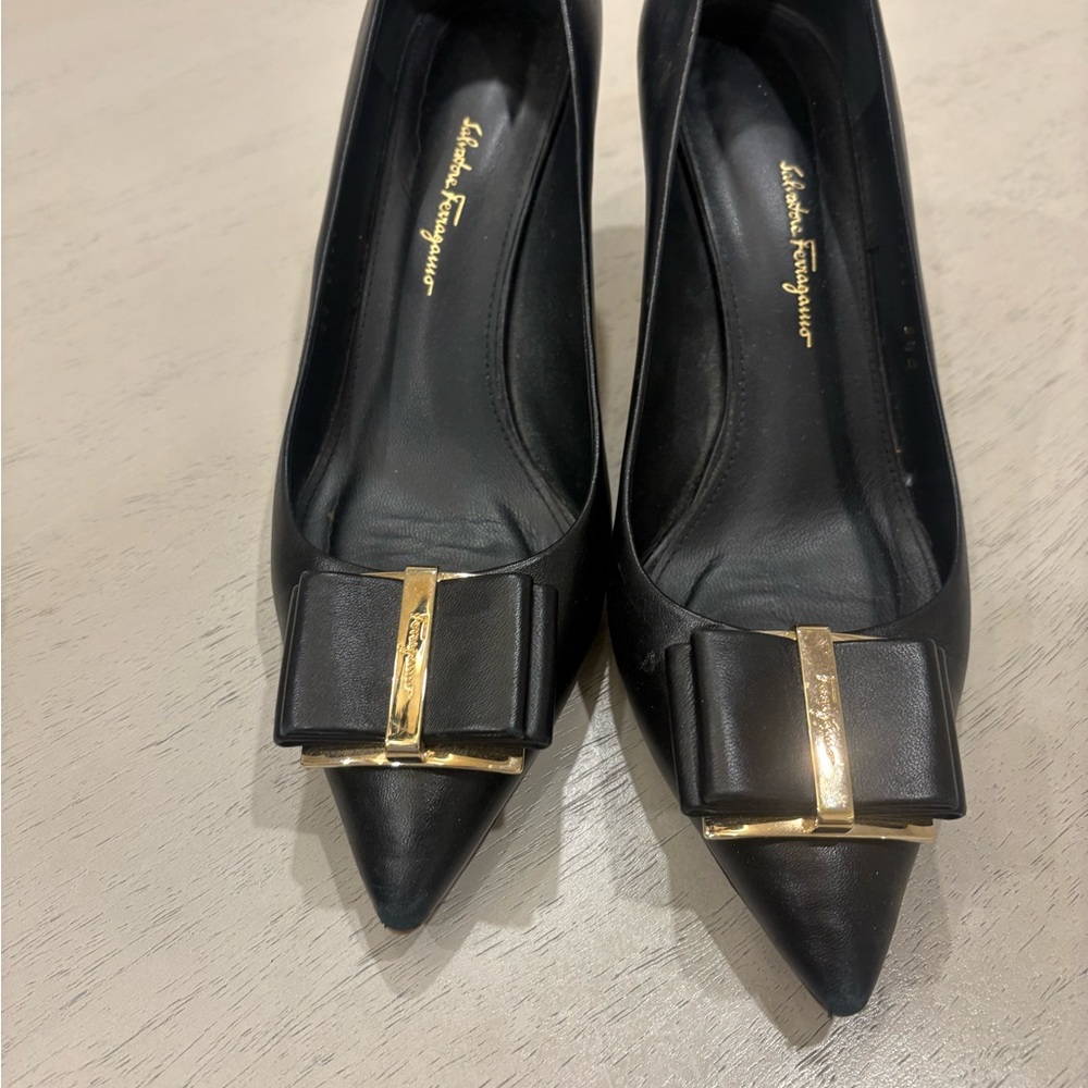 Salvatore Ferragamo Black Heels with Gold Bow Accent